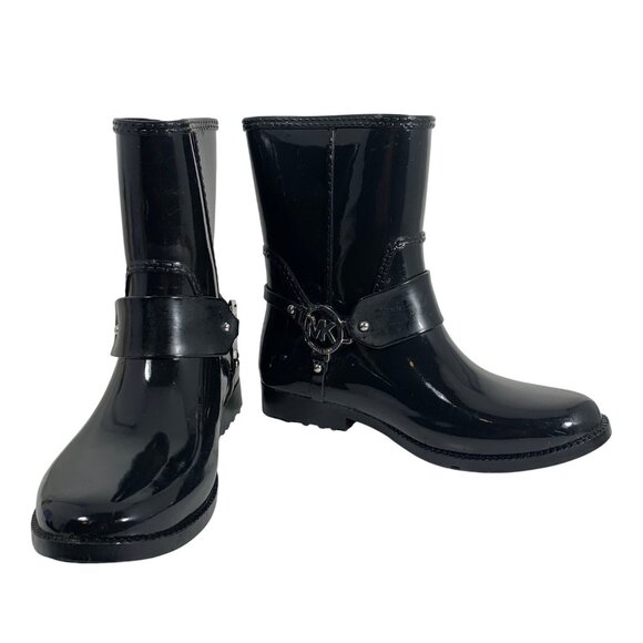 Michael Kors Fulton Harness Rain Booties Black Ankle Boots Womens SZ 7 Silver MK - Picture 6 of 8